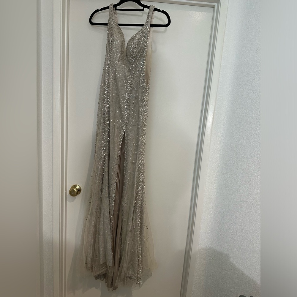 Custom high end champagne wedding guest dress high slit low cleavage